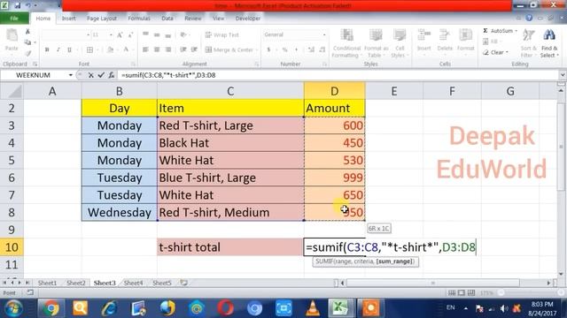 SUMIF Formula In Excel | Hindi || Excel Sumif Formula Examples In Hindi | Deepak EduWorld