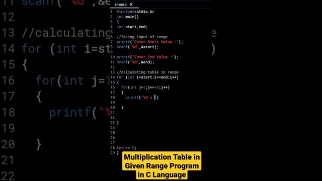 Print Multiplication Table in Given Range Program in C Language смотреть онлайн