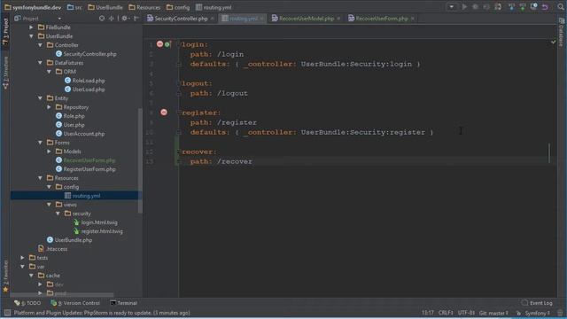 Восстановление пароля – Форма, Модель, Контролер, Роутинг – ч1 - Symfony 3 (UserBundle #12) смотреть онлайн