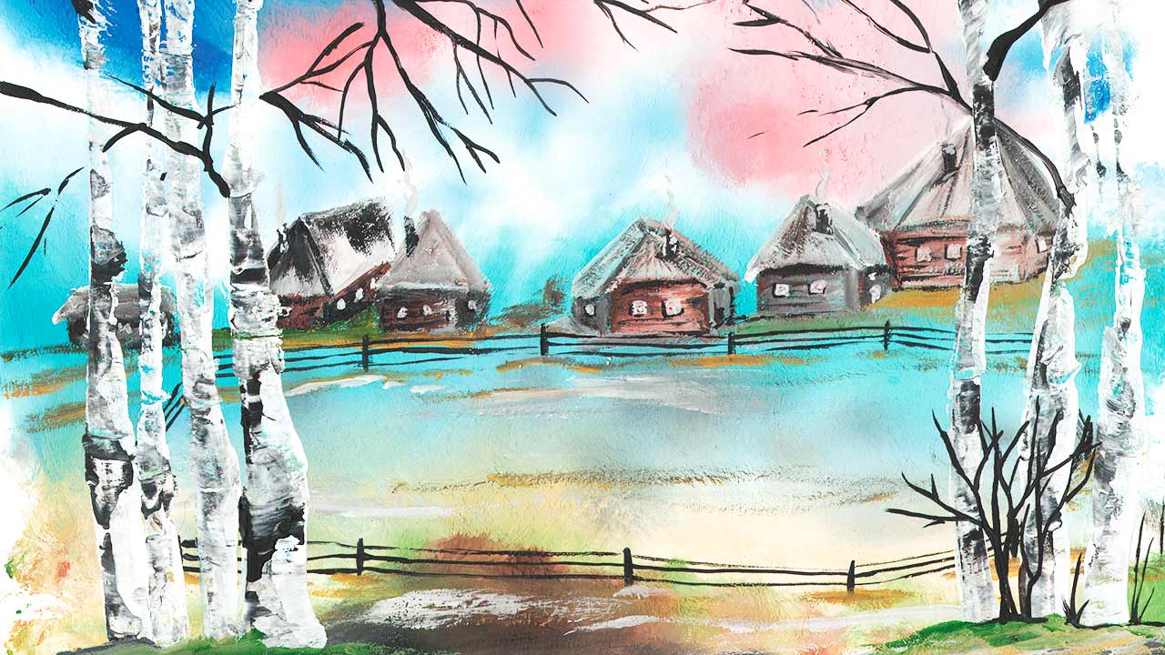 Как легко нарисовать деревню. Рисуем весенний пейзаж. Весна гуашью. смотреть онлайн