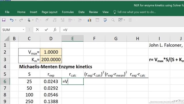 Nonlinear Regression To Determine Michaelis-Menten Kinetics Parameters Using Excel Solver