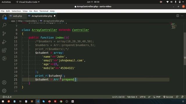 Arr::prepend() - Push an item onto the beginning of an array | Array functions | Laravel Tutorial смотреть онлайн