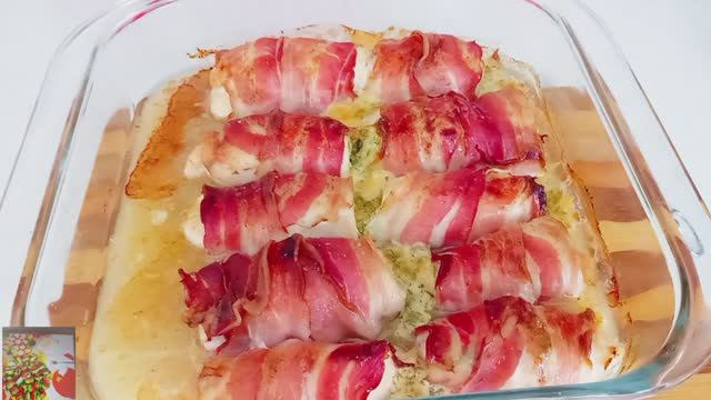 Запечённые куриные рулетики 🫔 с сырной 🧀начинкой в беконе 🥓 смотреть онлайн