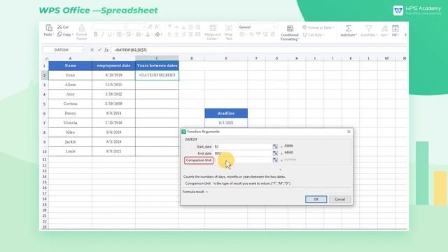 [WPS Academy] 1.5.7 Excel: Use the DATEDIF function to calculate the intervals of dates смотреть онлайн
