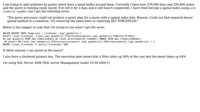 GIS: Speeding up SQL spatial query gives spatial index error? смотреть онлайн