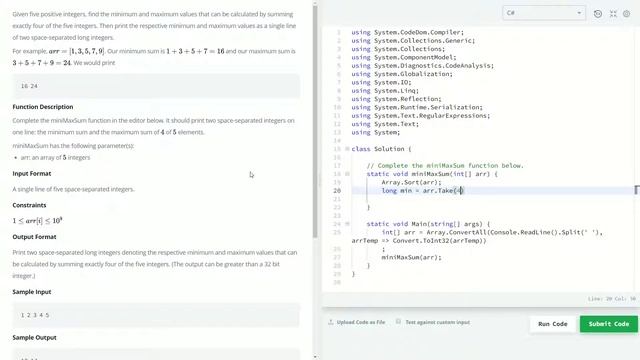 Mini-Max Sum - HackerRank - C# смотреть онлайн