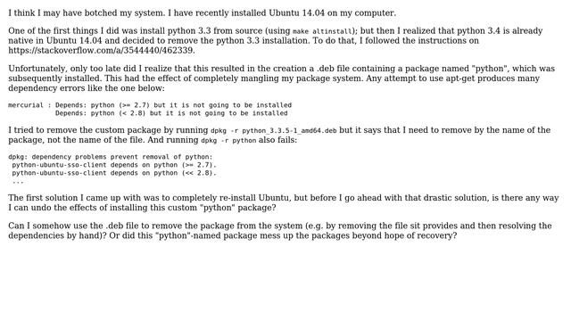 I installed a custom .deb file that provided a package named "python" but now need to remove it смотреть онлайн
