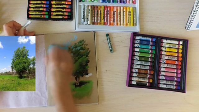 Ветренно и солнечно. Пейзаж масляной пастелью. смотреть онлайн