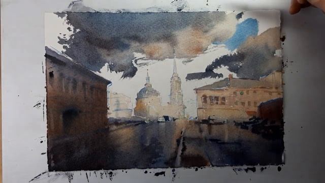 Акварельный городской пейзаж с мокрым асфальтом смотреть онлайн