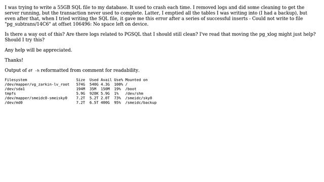 Unix & Linux: No space left on disk (PostgreSQL) смотреть онлайн