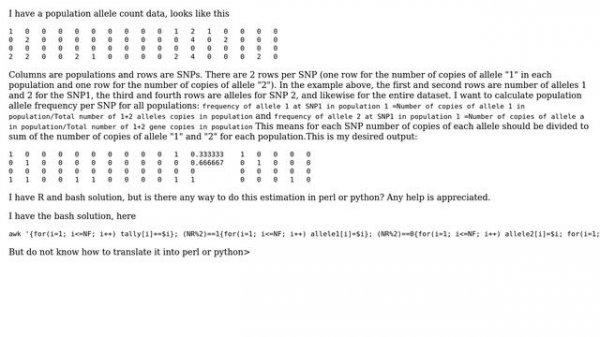 How to divide values in each row by the sum up values of two rows (translate bash to perl