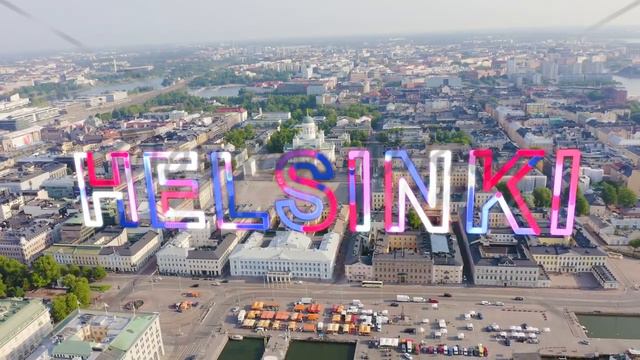 Inscription on video. Helsinki, Finland. City center aerial view. Helsinki Cathedral. Senate square смотреть онлайн