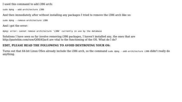 Unix & Linux: dpkg: error: cannot remove architecture 'i386' currently in use by the database