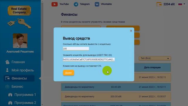 Вывод с Баланса в REAL ESTATE смотреть онлайн