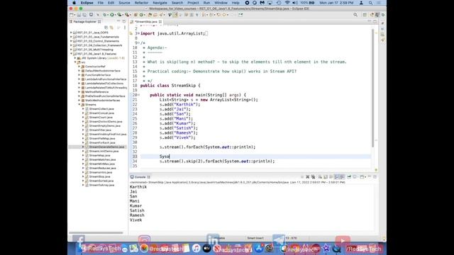 # 184 Skip method in Stream api | skip() | java | skip java 8 | Java Streams | java 8 | RedSysTech смотреть онлайн