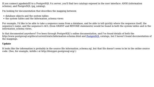 Databases: Is the mapping between PostgreSQL system tables and information_schema views documented? смотреть онлайн