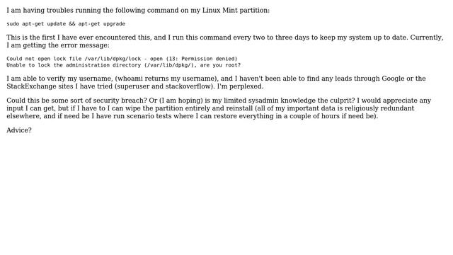 Unable to lock the administration directory (sudo apt-get upgrade && apt-get update) смотреть онлайн