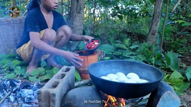 Mother With Daughter Catch Chicken And Pick Dragon Fruit In Forest- Cooking Eating Delicious