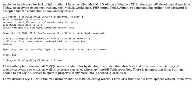 Databases: MySQL 5.5 accepts password but then closes connection (2 Solutions!!) смотреть онлайн