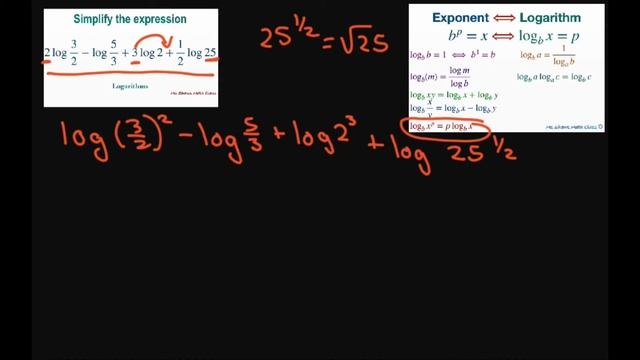 Simplify expression 2 log 3/2 - log 5/3 + 3 log 2 + 1/2 log 25. Logarithms смотреть онлайн