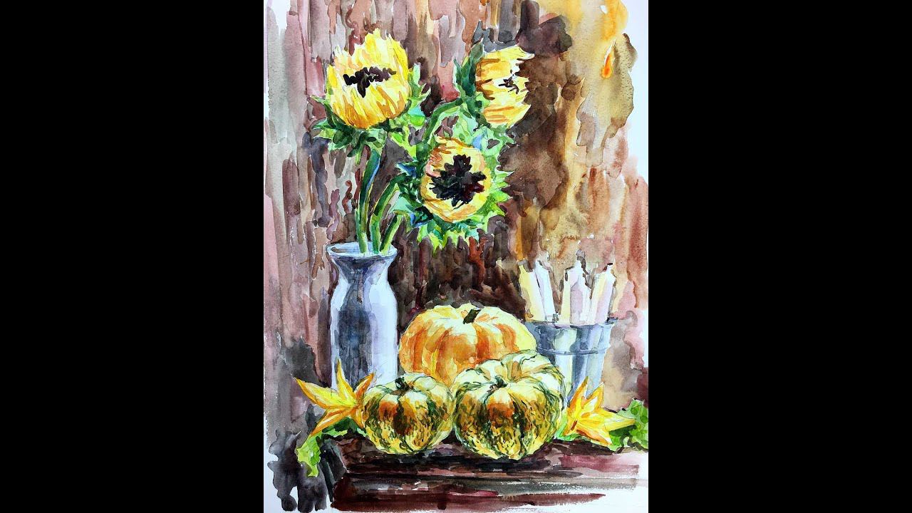 Мастер-класс «Солнечные подсолнухи и тыквы» | Как нарисовать подсолнухи поэтапно смотреть онлайн