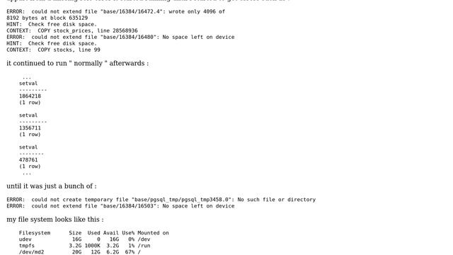 PSQL : ERROR: could not extend file No space left on device HINT: Check free disk space смотреть онлайн