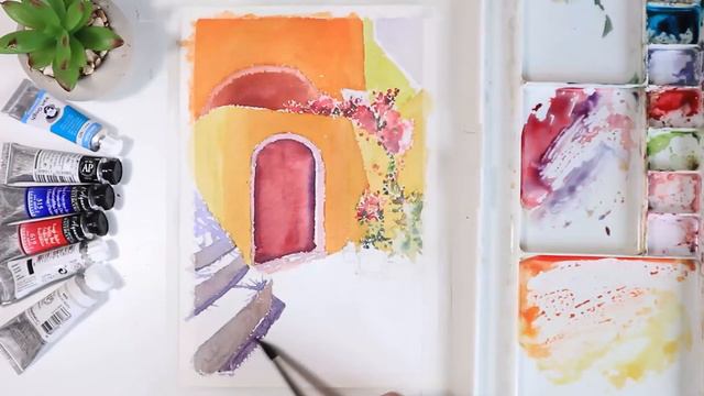 Watercolor Painting Santorini Cityscape смотреть онлайн