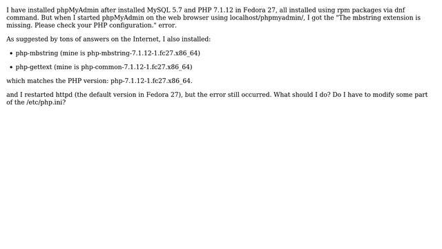 Starting phpMyAdmin gives mbstring extension is missing error even php-mbstring is installed in... смотреть онлайн