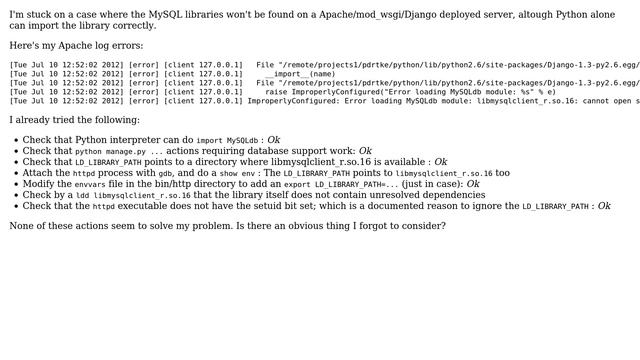 Apache / mod_wsgi / Django cannot find MySQL shared library смотреть онлайн