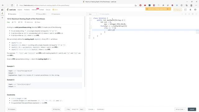 LeetCode 1614 | Maximum Nesting Depth of the Parentheses | Counting | Java смотреть онлайн