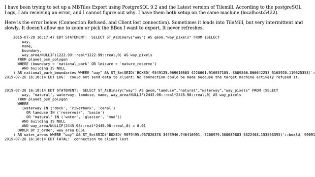 GIS: Tilemill/PostgreSQL Connection refused Error смотреть онлайн