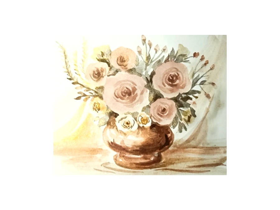 Акварельный этюд букета цветов в золотисто-бежевых тонах. смотреть онлайн