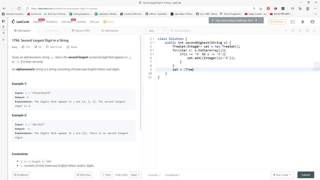 LeetCode 1796 | Second Largest Digit in a String | TreeSet | Java смотреть онлайн