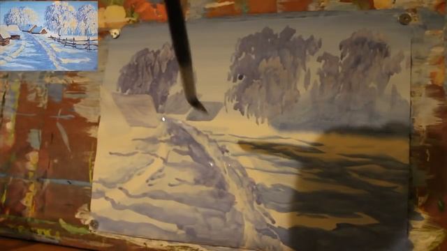 Как ЛЕГКО нарисовать пейзаж гуашью/рисуем ПОЭТАПНО зимний пейзаж смотреть онлайн