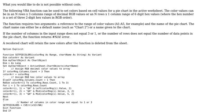 Can I provide RGB hex strings in an Excel worksheet for pie chart colors without using code? смотреть онлайн