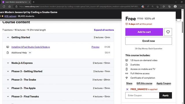 FREE Certification Cource Learn Modern Javascript by Coding a Snake Game Udemy - @General_Know смотреть онлайн