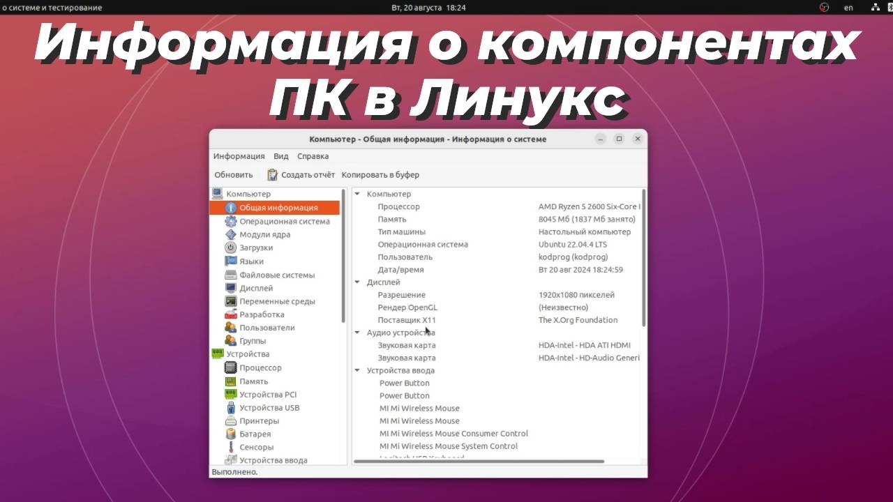 Информация о компонентах компьютера в Линукс смотреть онлайн
