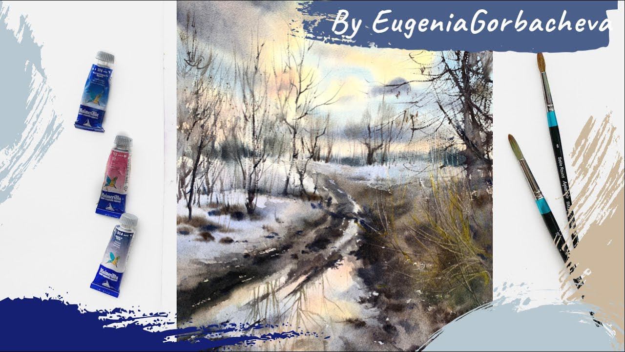 Как нарисовать весенний пейзаж акварелью | Картина "Закат весной" | Процесс в реальном времени смотреть онлайн