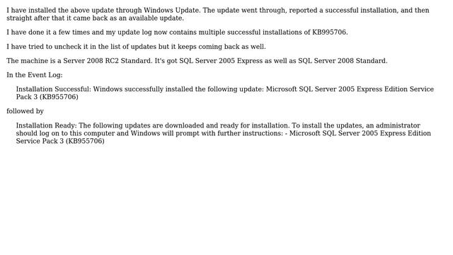 DevOps & SysAdmins: SQL Server Express 2005 SP3 Update Keeps Coming Back (KB995706) смотреть онлайн