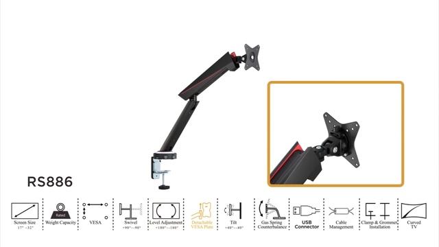NanoRS RS886 Gaming Monitor Bracket Holder Desk Stand LCD 17''- 32" 8kg VESA LED Backlight USB смотреть онлайн