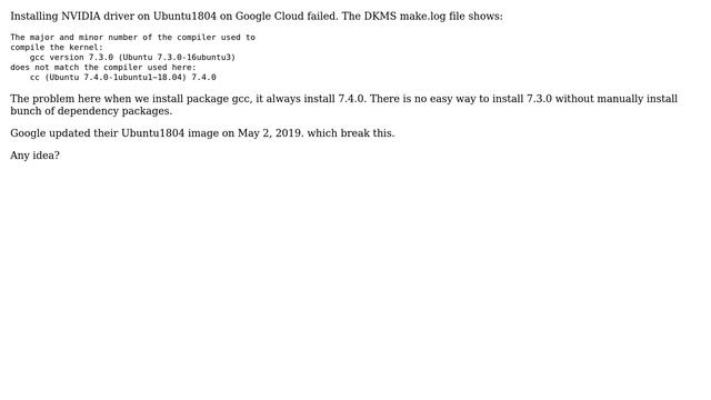 Google cloud: NVIDIA driver failed to install on image from ubuntu-1804-bionic-v20190429 смотреть онлайн