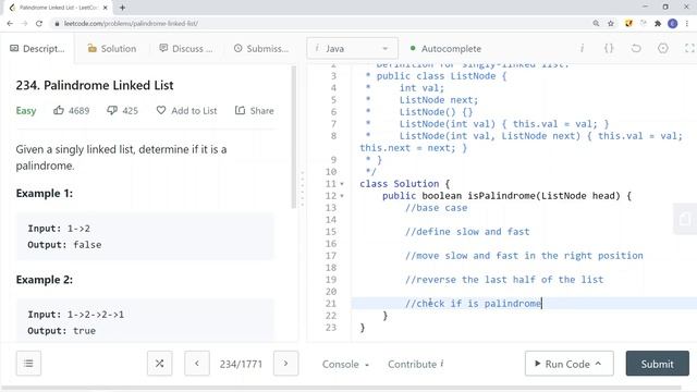 [Java] Leetcode 234. Palindrome Linked List [Fast & Slow Pointers #4] смотреть онлайн