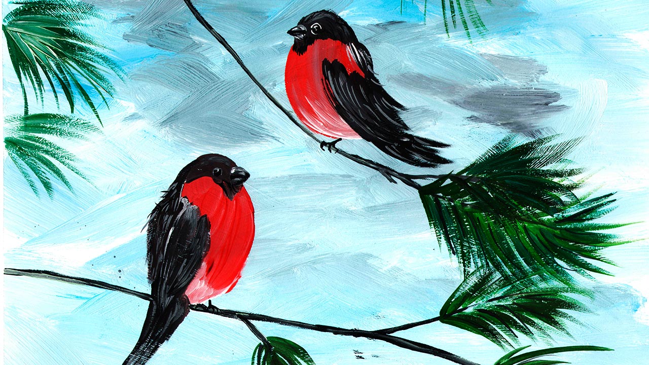 Рисуем снегиря на ели. Рисуем снегиря легко. Зимний пейзаж гуашью. Рисуем зиму. Рисуем новый год. смотреть онлайн