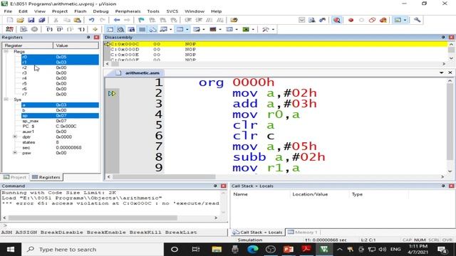 8051 Program for addition subtraction multiplication and division