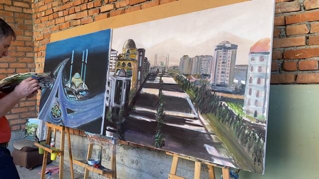 Работа на 2 холстах,Аргунская мечеть имени Аймани Кадыровой и Магас Ингушетия. Зилавди Яшуркаев. смотреть онлайн