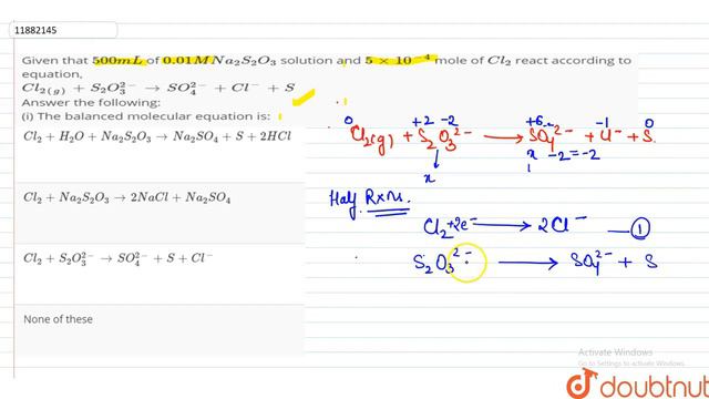 Given that 50 0 mL of 0.01M Na_(2)S_(2)O_(3) solution and 5xx10^(-4) mole of Cl_(2) react accord... смотреть онлайн