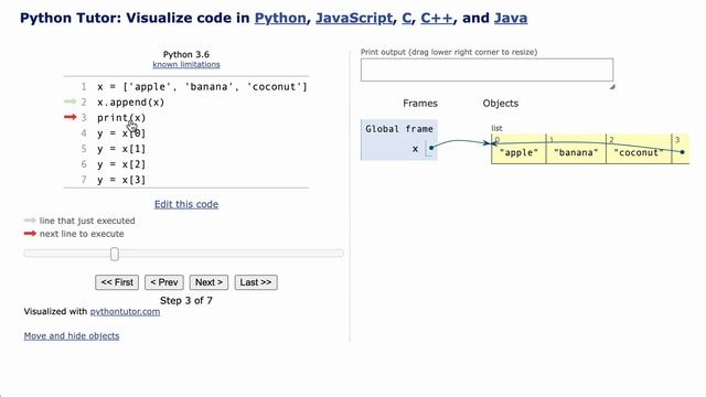 what happens when you try to append a Python list to itself? [pythontutor.com] смотреть онлайн