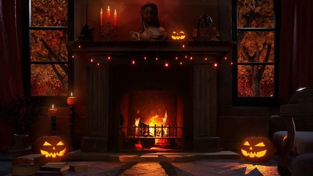 Spooky Halloween Fireplace with Rain on Windows Sound - Relax and deep Focus Ambience смотреть онлайн