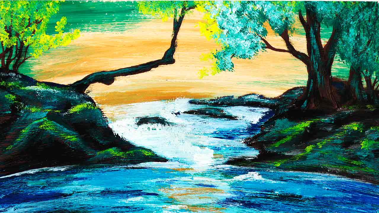 Как нарисовать пейзаж. Рисуем природу. Как нарисовать лесное озеро. смотреть онлайн