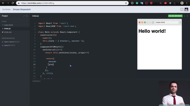 React Tutorial: Simple Stopwatch (State and LifeCycle) смотреть онлайн